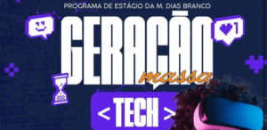 Banner do programa de estágio Geração Massa Tech da M. Dias Branco, com elementos gráficos de tecnologia e realidade virtual