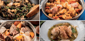 Pratos típicos da gastronomia de Dom Quixote, com carnes, legumes e pães, servidos na região de Castilla-La Mancha.