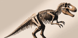 Esqueleto de um dinossauro carnívoro bípede, semelhante a um Tiranossauro Rex, exibido em vista lateral sobre fundo claro