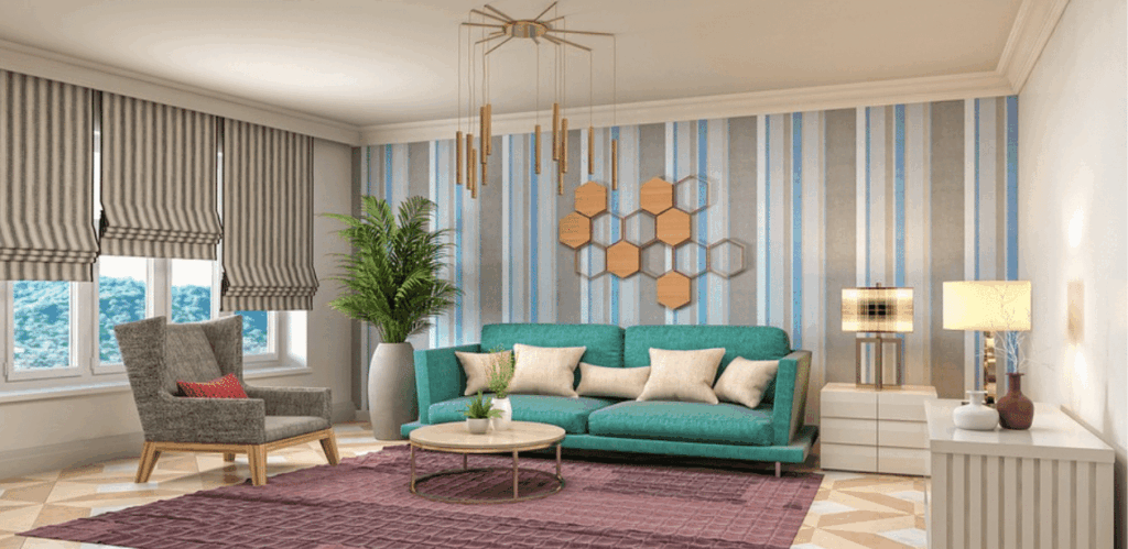 Sala de estar moderna e aconchegante com sofá verde, poltrona cinza, cortinas listradas e iluminação sofisticada. Decoração inclui plantas e tons neutros para um ambiente fresco e equilibrado.