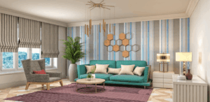 Sala de estar moderna e aconchegante com sofá verde, poltrona cinza, cortinas listradas e iluminação sofisticada. Decoração inclui plantas e tons neutros para um ambiente fresco e equilibrado.