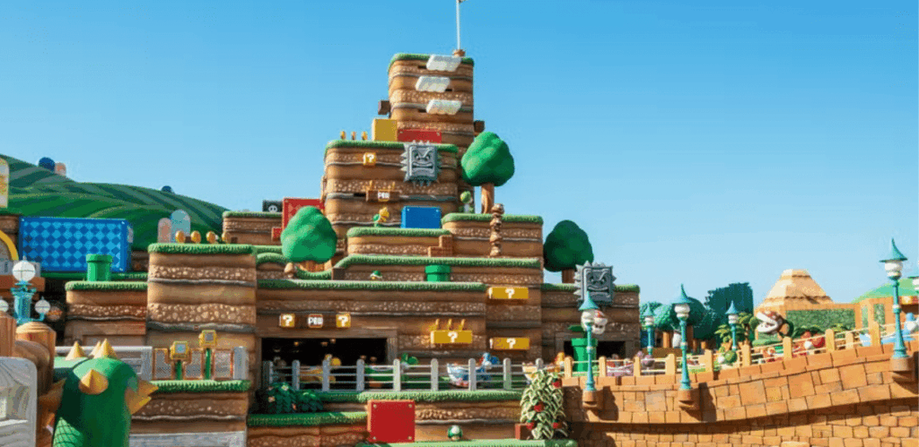 Super Nintendo World no Universal Epic Universe com cenário colorido e interativo inspirado nos jogos do Mario Bros.