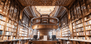 Interior de biblioteca histórica com estantes e arquitetura detalhada, representando o valor cultural destacado no Dia Nacional da Biblioteca.