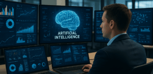 Pessoa analisando dados em várias telas com gráficos e visualizações de Inteligência Artificial em ambiente corporativo moderno