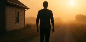 Homem caminha sozinho ao amanhecer por estrada de terra, deixando uma casa para trás, simbolizando libertação, recomeço e superação.