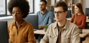 Jovens adultos trabalhando em computadores em ambiente de escritório público, sentados em mesas organizadas com expressão concentrada