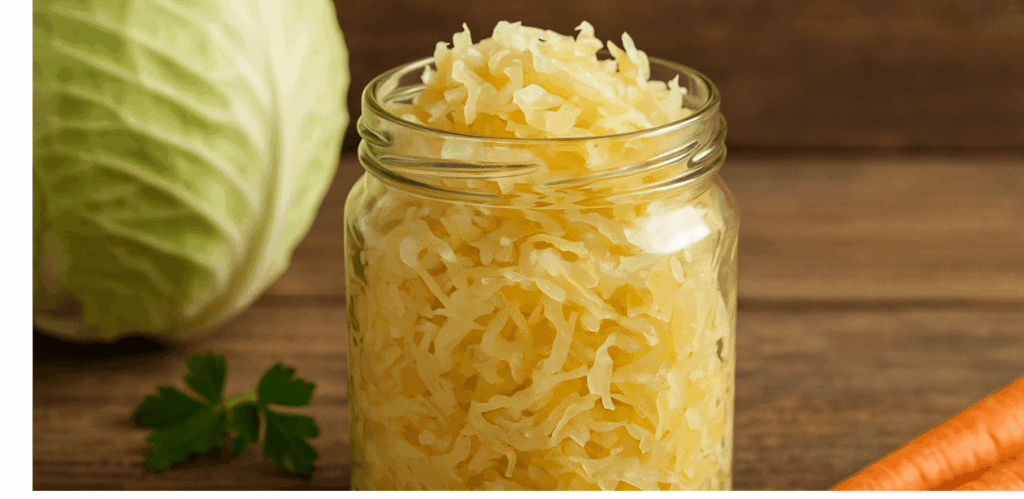Pote de vidro com chucrute fermentado sobre mesa de madeira, ao lado de repolho, cenoura e folhas verdes