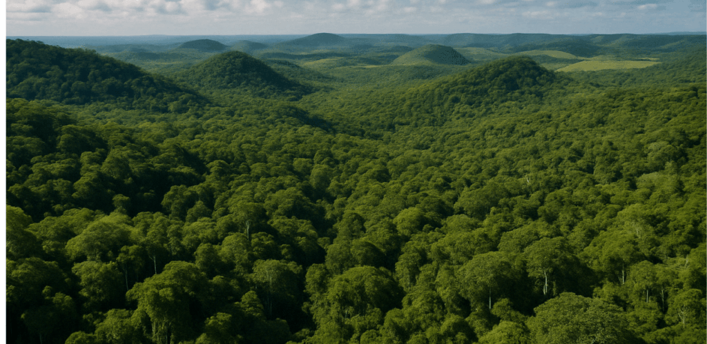 Vista aérea de bioma preservado com vegetação densa e colinas verdes sob céu azul com nuvens, representando recuperação ambiental