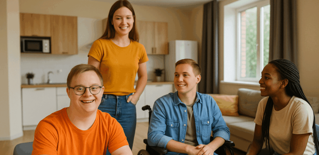Jovens com deficiência, incluindo um rapaz com Síndrome de Down e outro cadeirante, convivem em residência estudantil inclusiva e acolhedora