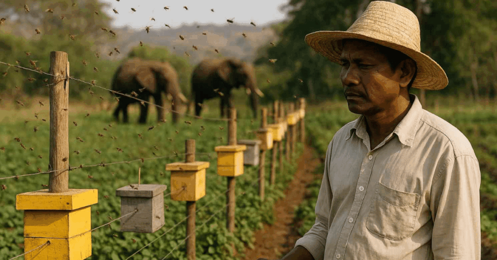 Agricultor próximo a cercas com colmeias e abelhas voando, em plantação na Ásia, usada para afastar elefantes com segurança