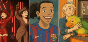 Imagem no estilo Studio Ghibli gerada por IA via ChatGPT, mostrando personagens estilizados de famosos brasileiros em diferentes cenários.