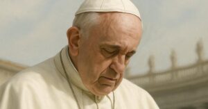 Papa Francisco morre aos 88 anos em imagem solene com expressão serena, vestindo trajes papais brancos em momento de oração.