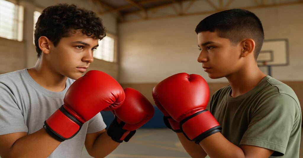 Dois adolescentes treinando boxe em projeto social no Ceará, incentivando disciplina e inclusão