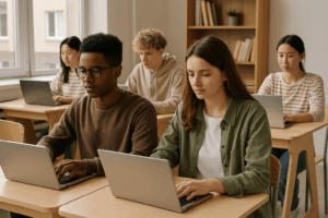 Jovens estudantes em sala de aula utilizando computadores portáteis durante atividade escolar em ambiente iluminado e organizado.