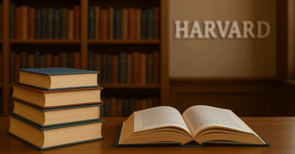 Estante de livros com símbolo de Harvard ao fundo
