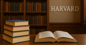 Estante de livros com símbolo de Harvard ao fundo
