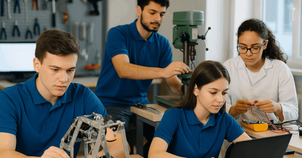 Jovens estudantes trabalham em projetos técnicos com robôs, computadores e equipamentos em laboratório de ensino profissionalizante