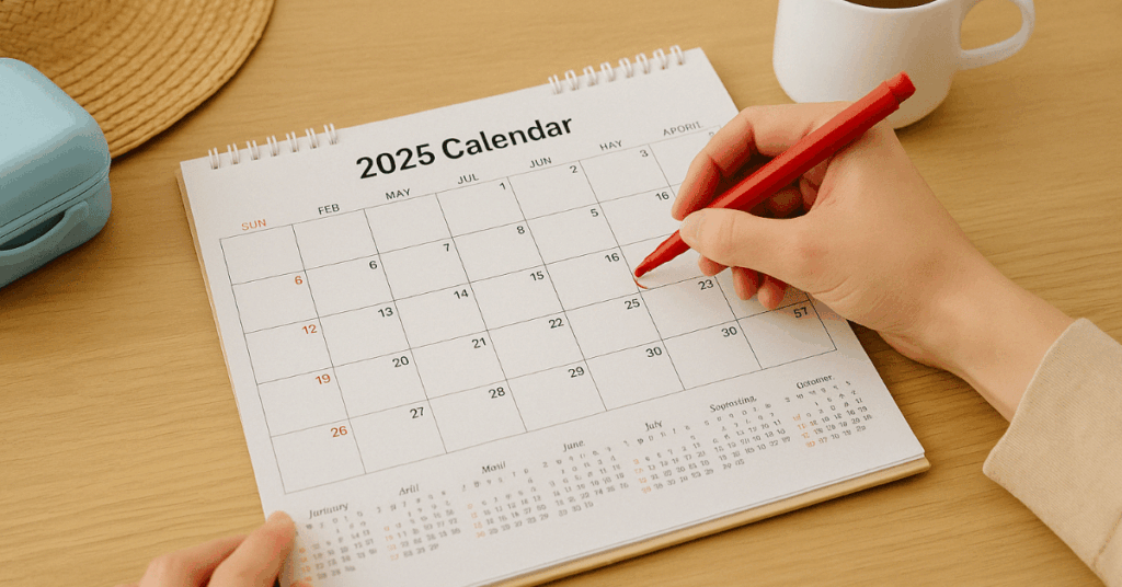 Pessoa marca feriados nacionais 2025 em calendário com caneta vermelha