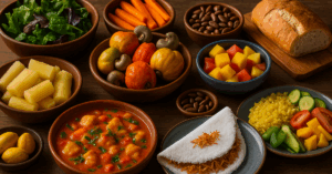 Mesa com comidas tipicamente brasileiras como moqueca, tapioca, mandioca, caju, baru e salada com ingredientes frescos