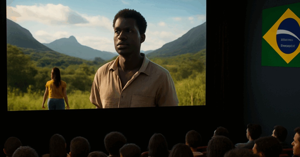 Público assiste a filme brasileiro em sala de cinema; na tela, um homem aparece em paisagem natural com montanhas ao fundo.
