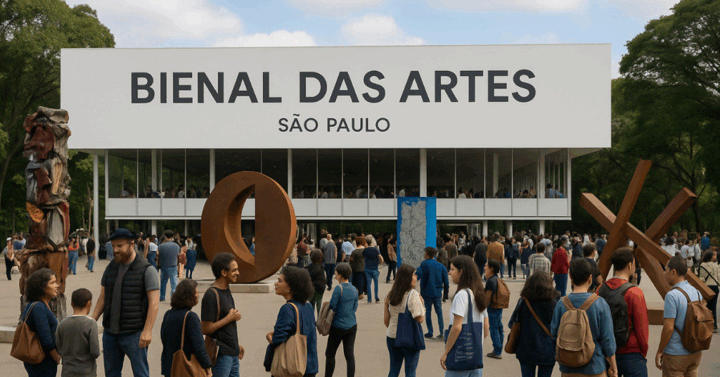 Pessoas visitam a Bienal das Artes de São Paulo com esculturas ao ar livre e fachada moderna do pavilhão em destaque