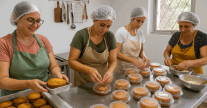 Mulheres organizam bolos embalados em pequena produção caseira, símbolo do empreendedorismo feminino na cozinha