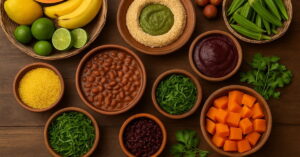 Mesa com alimentos e ingredientes amazônicos típicos para alimentação sustentável