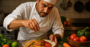 Chef preparando prato regional com ingredientes frescos ao redor