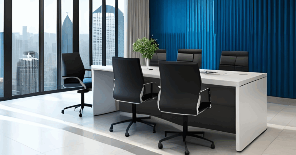 Ambiente de trabalho moderno com móveis ergonômicos e bem iluminado, promovendo a produtividade e bem-estar dos colaboradores.