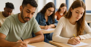 Alunos jovens fazem prova em sala de aula para o Enem 2025