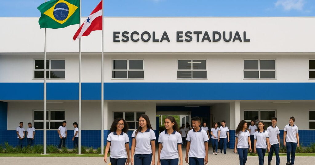 Estudantes uniformizados em frente à escola estadual simbolizam o avanço do ensino integral no Pará