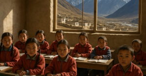 Crianças estudando na escola mais alta do mundo no Tibete, com montanhas nevadas ao fundo