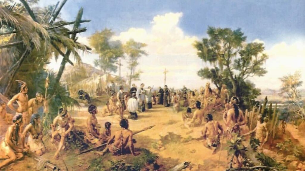 Representação histórica da fundação da escola mais antiga do Brasil dos jesuítas em Salvador no século XVI.