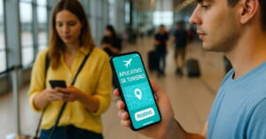 Pessoas no aeroporto usando aplicativo de turismo em seus celulares