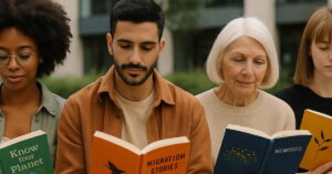Lançamentos de livros sendo lidos por pessoas diversas em espaço público