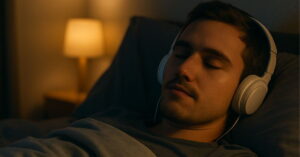 Homem relaxando na cama ao dormir ouvindo música com fones