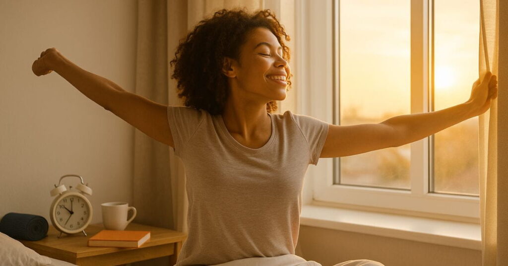 Mulher acordando representando produtividade e acordar cedo