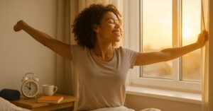 Mulher acordando representando produtividade e acordar cedo