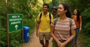 Turistas praticando turismo sustentável no Brasil em trilha ecológica com guia e sinalização ambiental
