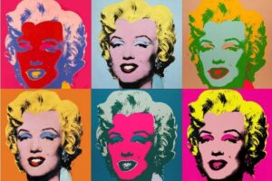 "Marilyn Monroe" de Andy Warhol, serigrafia famosa de 1962 que retrata a atriz de forma vibrante e repetitiva, símbolo do pop art.