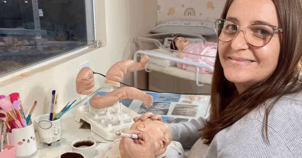 Artesã segura bebê reborn realista em ateliê artesanal