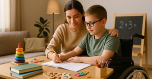 mães de crianças atípicas em atividade educativa com filho cadeirante