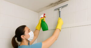 Mulher limpa mofo no teto do banheiro com borrifador e rodo