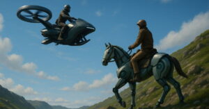 Duas pessoas montadas em cavalo-robô atravessando campo verde, representando inovação em mobilidade pessoal