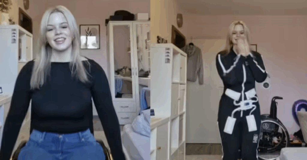 Jovem usando traje muscular tecnológico para voltar a andar