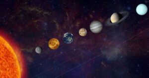Ilustração do sistema solar com planetas alinhados no espaço, representando os alinhamentos planetários