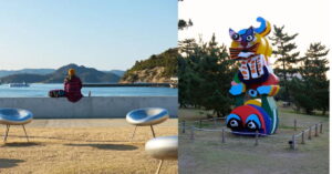 Esculturas ao ar livre e paisagens costeiras refletem a arte em Naoshima e sua integração com a natureza japonesa