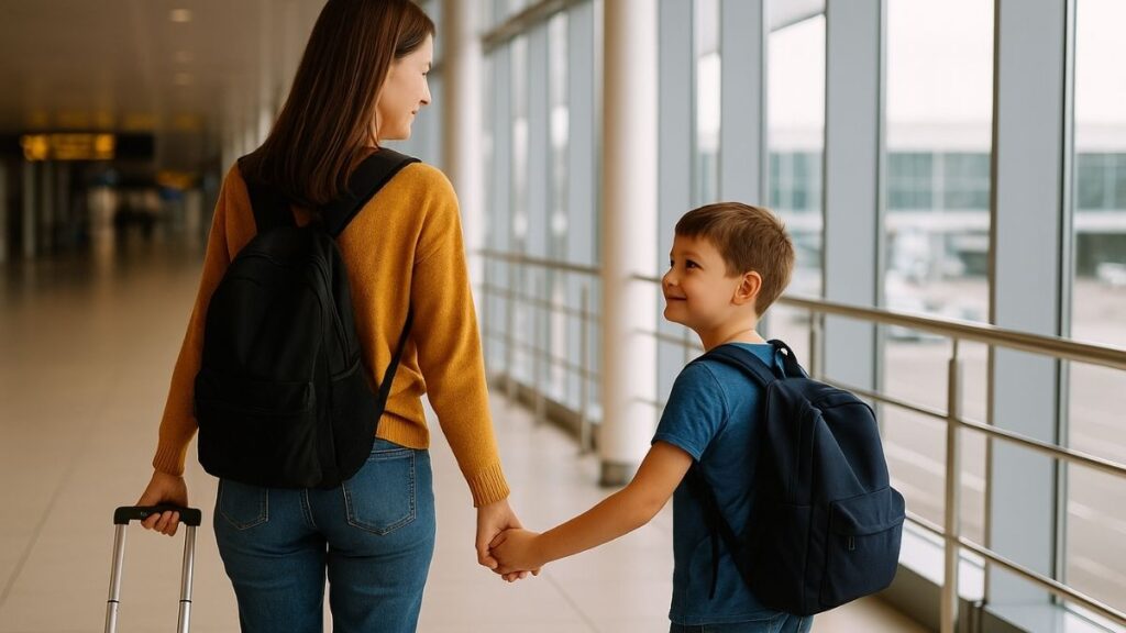 Mãe e filho embarcando juntos no aeroporto, representando o benefício para acompanhante de autista nos voos.
