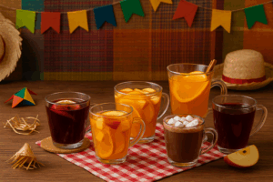 Mesa com bebidas para a Festa Junina decorada com elementos típicos e fumacinha saindo do quentão. As bebidas para a Festa Junina são destaque visual da celebração.