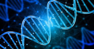 Representação do DNA antigo da Colômbia em fundo tecnológico azul